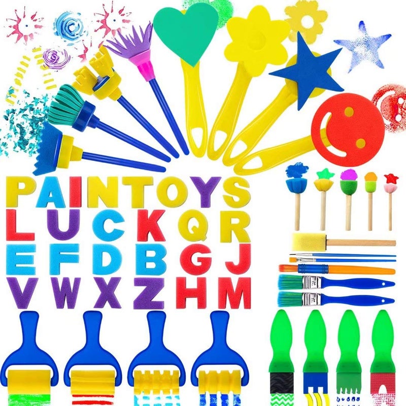TORINALITAL 53Pcs Kids Paint Sponges & Brushes Set - Washable Sponge Painting Tools with 26 Alphabets - Image 1